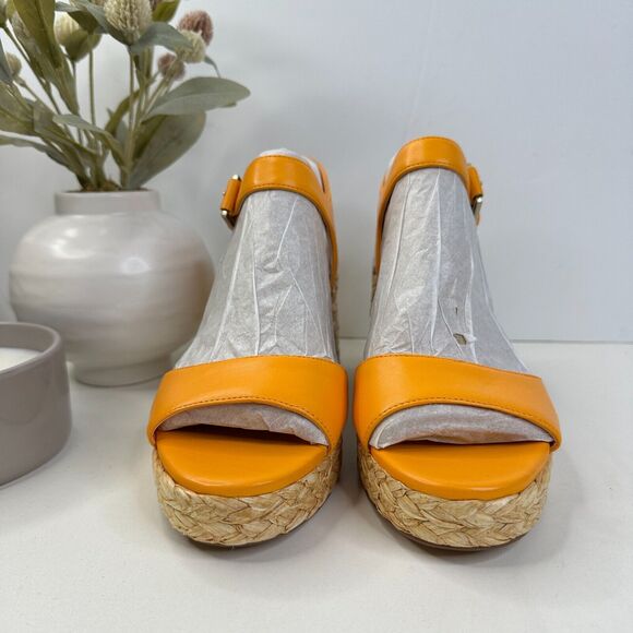 Vince Camuto Ranneli Leather Raffia Block Heel Espadrille Orange Women's 8M NWOB - Picture 2 of 11
